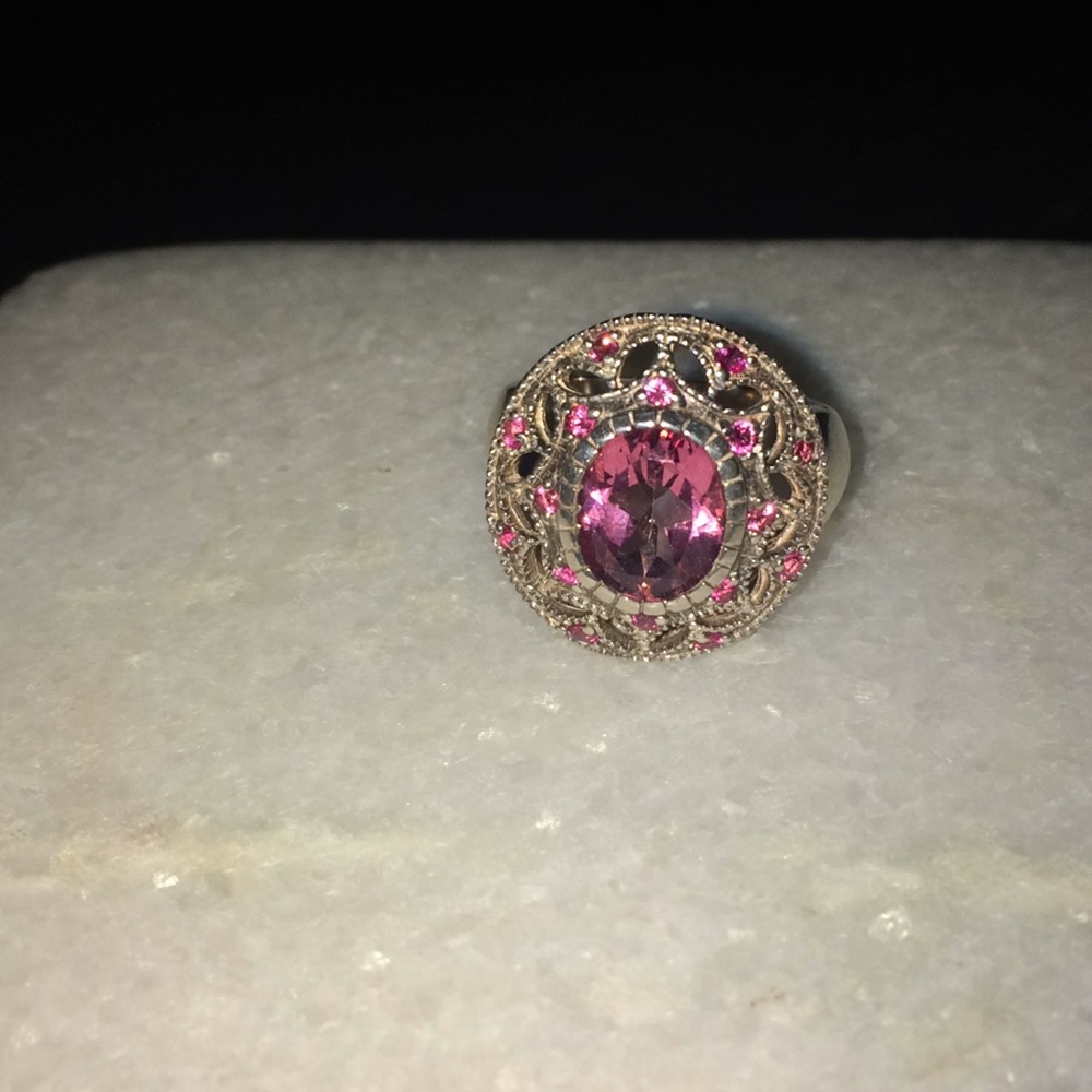 Pink topaz silver filigree ring